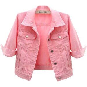 Women's 3/4 Sleeve Colored Cropped Denim Jacket Short Jean Jacket Trucker Pink